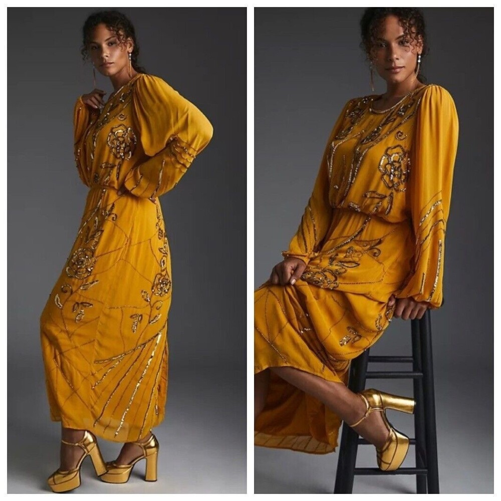 Anthropologie Let Me Be Juliet Maxi Dress Women's XS Yellow Sequin Formal Evenin